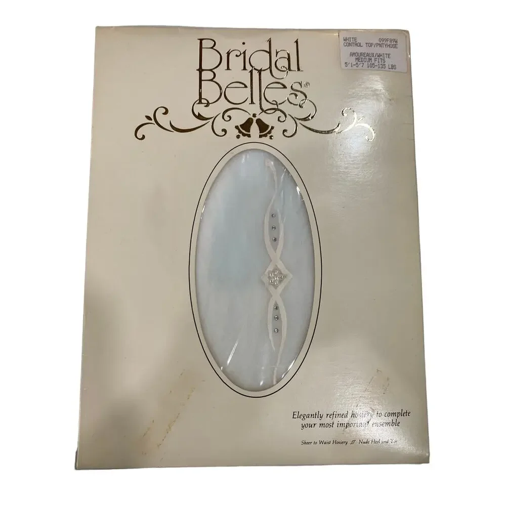 80's Bridal Pantyhose | Sheer White Control Top w Flocking Pearls & Rhinestones